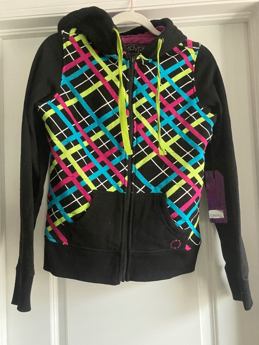 Y2K Empyre Plaid Quilted Hoodie | Green Blue Purple Flannel Zip Sweatshirt NWT